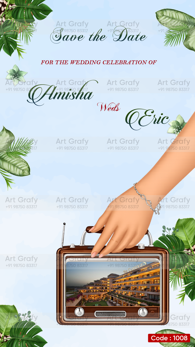 Traditional Couple Caricature Save The Date Wedding Invite Card | Elegant Sea Theme | AG1008 Hover Image