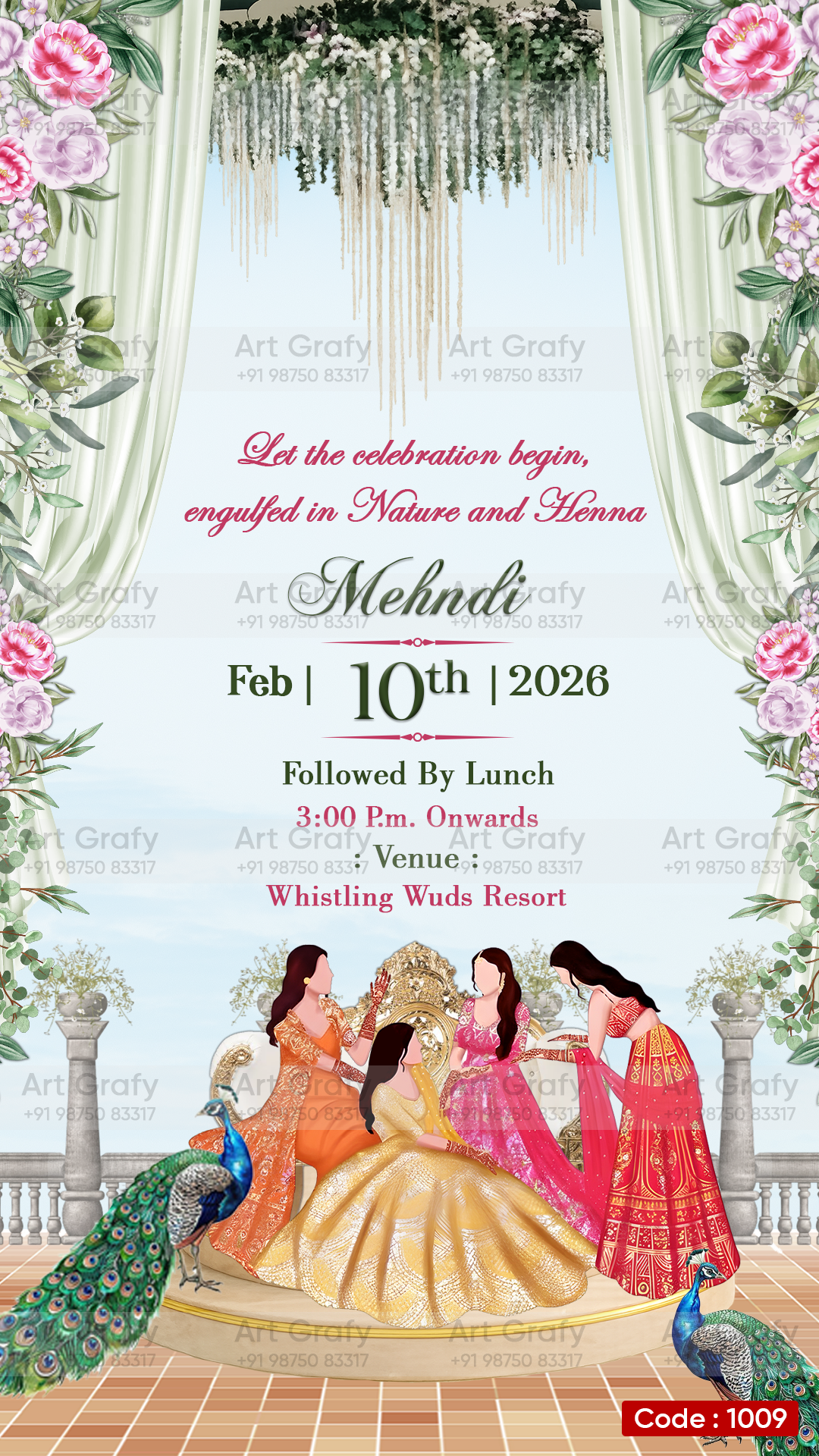 Mehndi Caricature Invitation Card | Traditional Mehndi Ceremony Invite for Daughter | AG1009