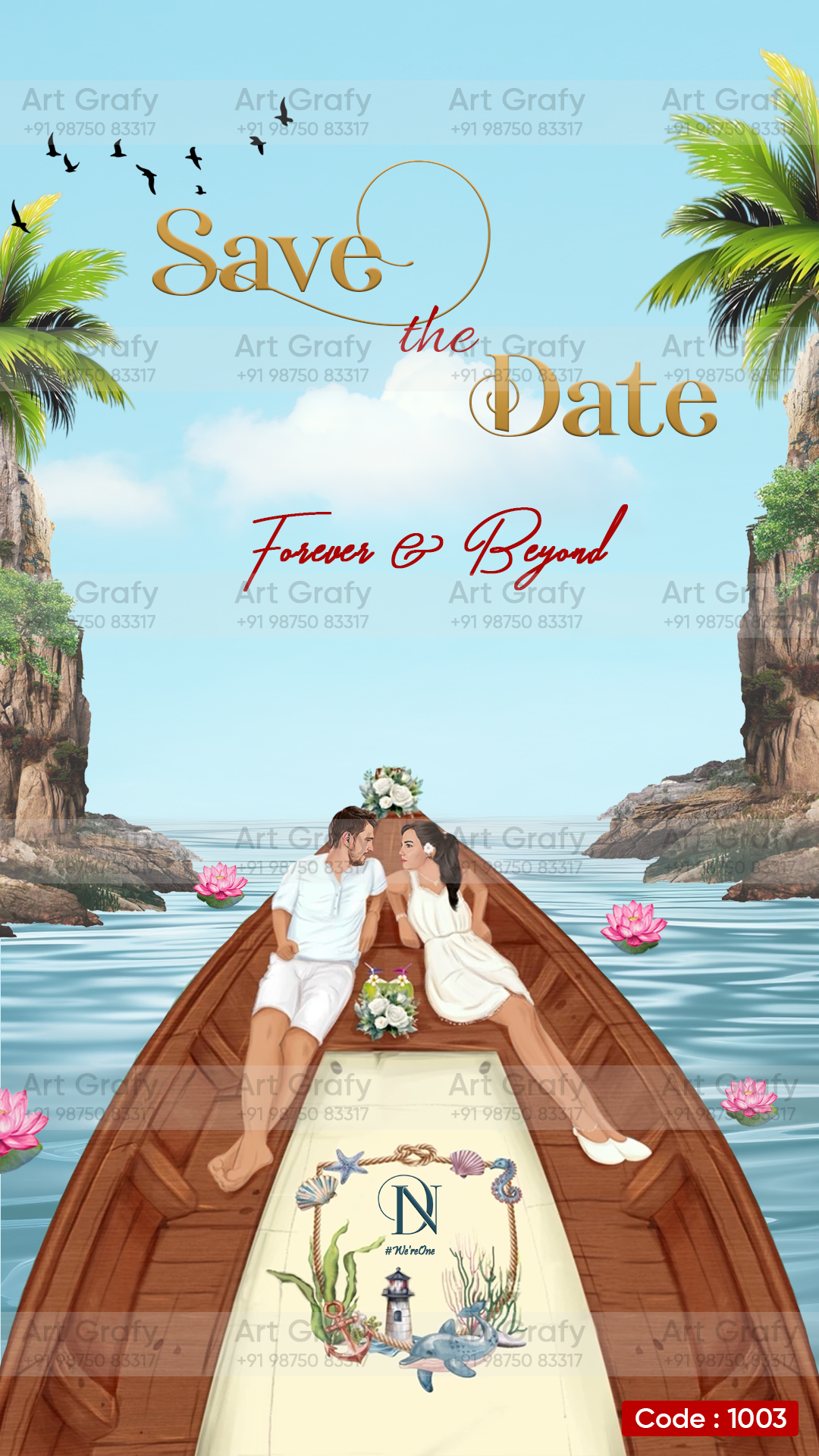 Traditional Couple Caricature Save The Date Wedding Invite Card | Elegant Sea Theme | AG1003
