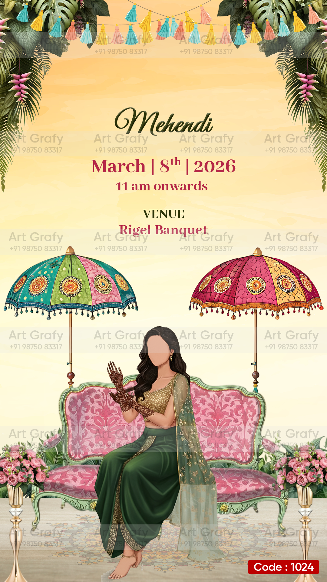 Mehndi Caricature Invitation Card | Traditional Mehndi Ceremony Invite for Daughter | AG1024