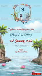 Traditional Couple Caricature Save The Date Wedding Invite Card | Elegant Sea Theme | AG1003