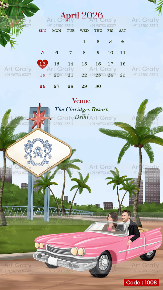 Traditional Couple Caricature Save The Date Wedding Invite Card | Elegant Sea Theme | AG1008 Main Image