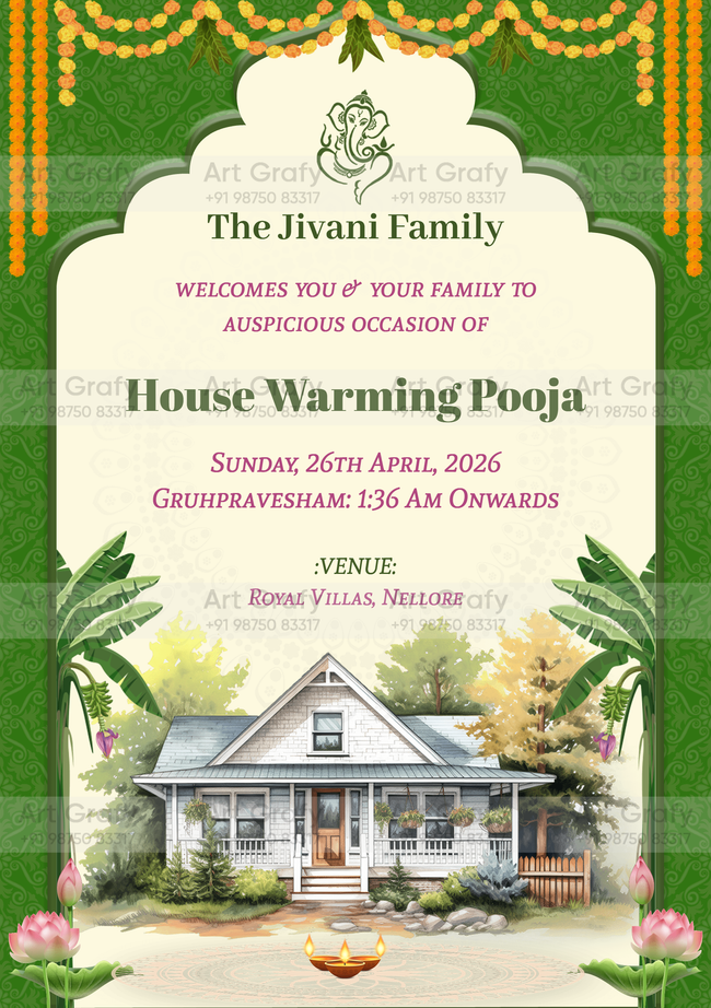 Modern House Warming ceremony Invitation with Beautiful Illustration and Picturesque Background | AG-1129 Hover Image