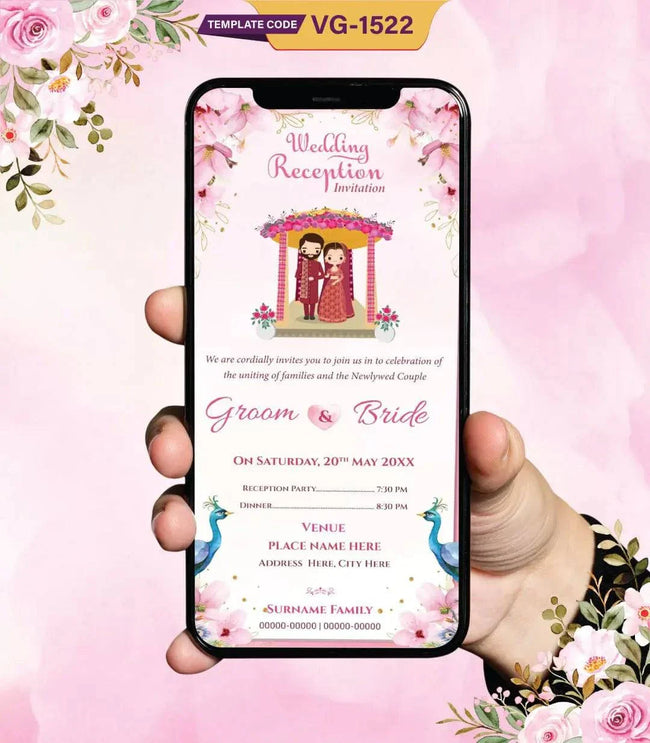 Cartoon Wedding Reception Invitation | Elegant Floral Digital Invite | VG-1522 Hover Image