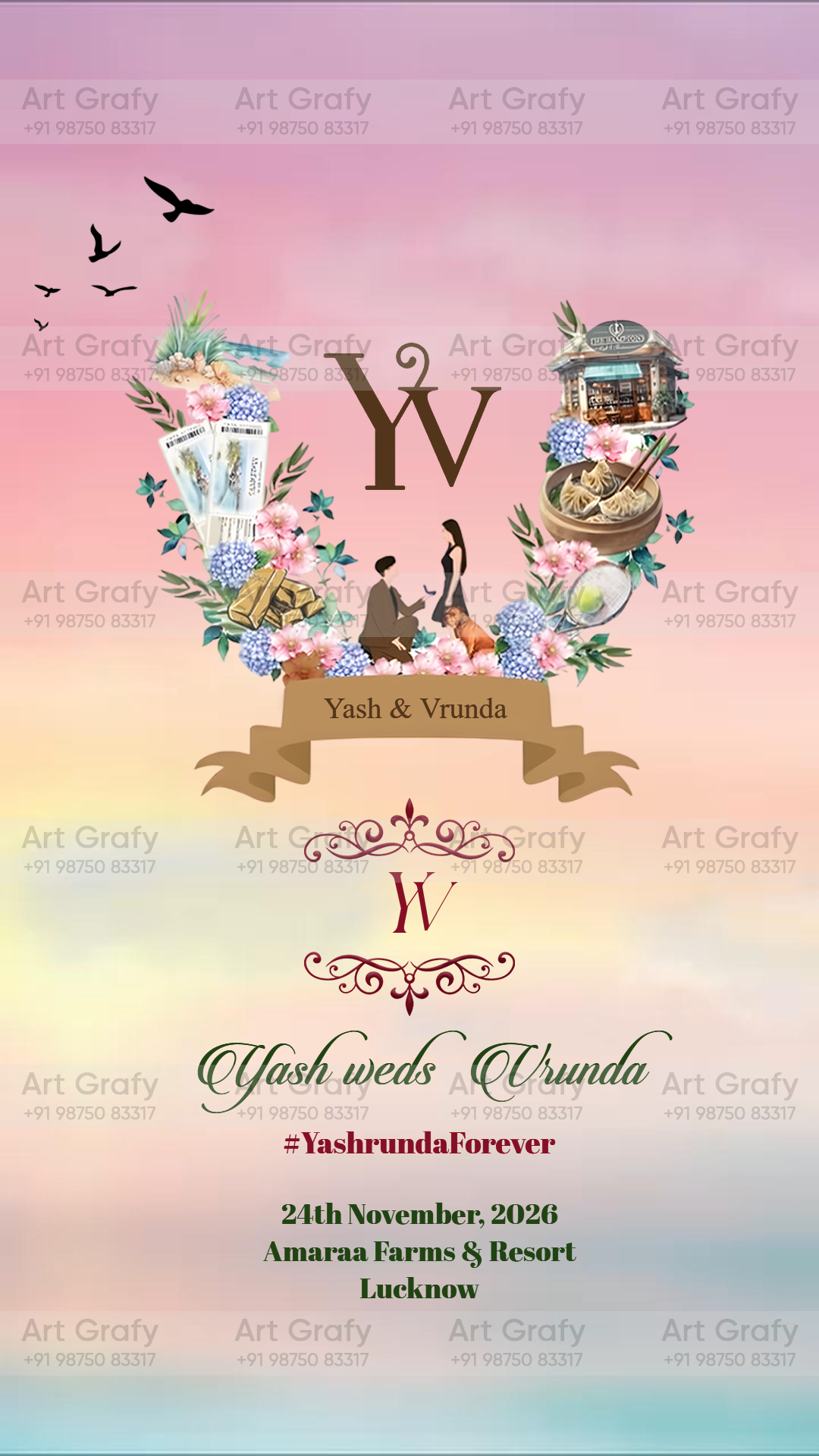 Indian Digital Wedding Ceremony Invitation Card | Gujarati language with Royal Theme design | AG1118