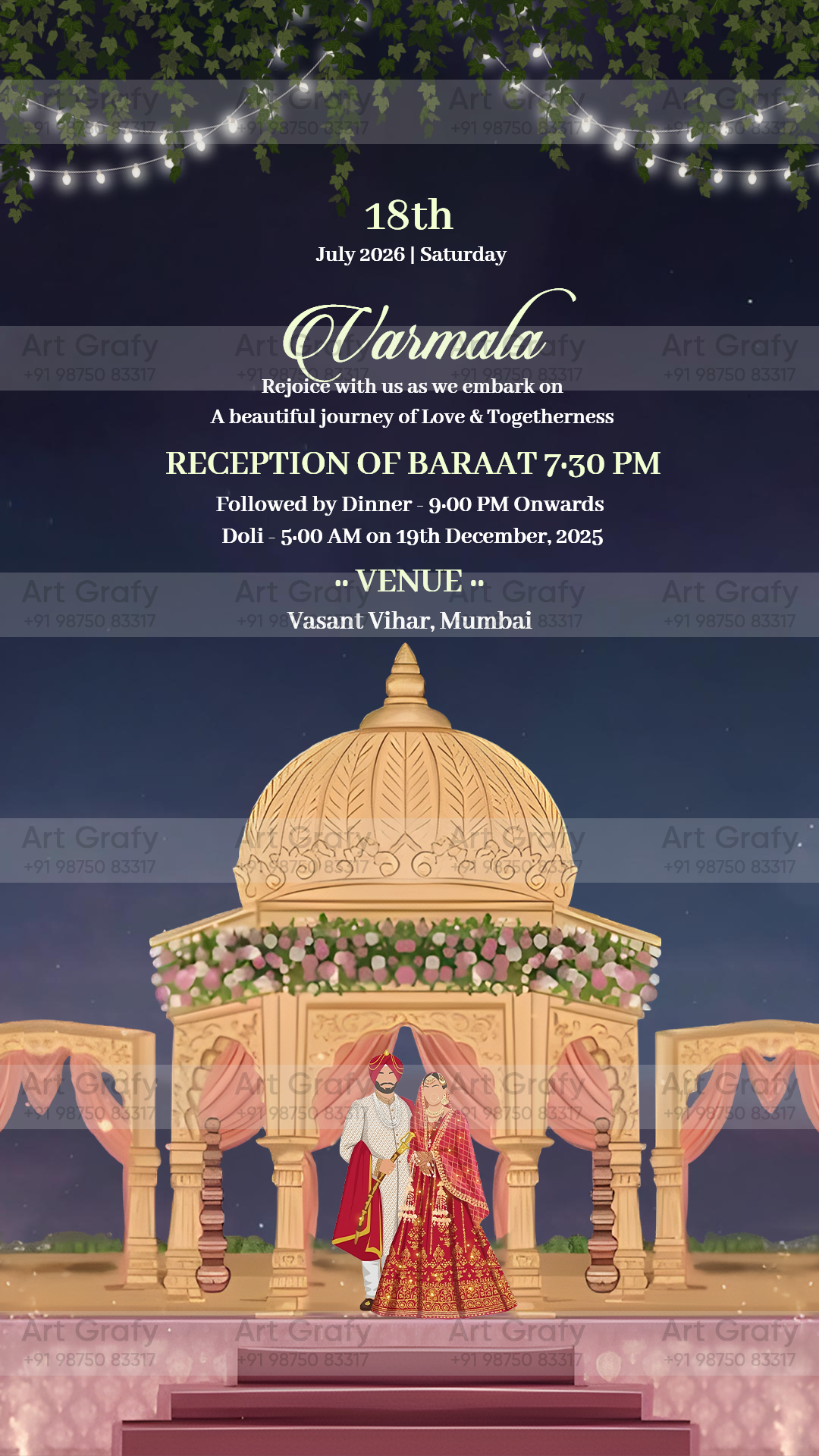 Indian Digital Wedding Ceremony Invitation Card | Gujarati language with Royal Theme design | AG1123